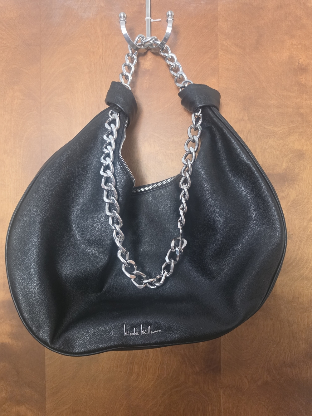 Nicole Miller Black Pebbled Shoulder Bag with Silver Chain